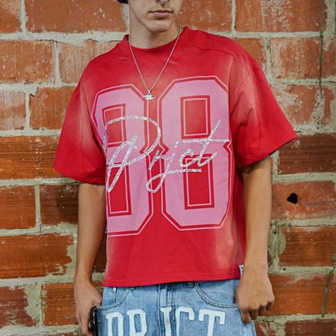 Rhinestone Boxy Tee Cotton Distressed T-shirt Oversized Tshirt Custom Logo Vintage Acid Wash Graphic Men Cropped T Shirt