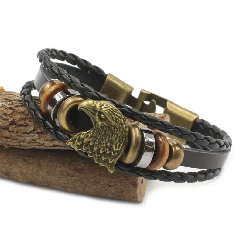 Leather Alloy Vintage Strap Wristband  Eagle Head Multilayer Knitting bracelet AYB006