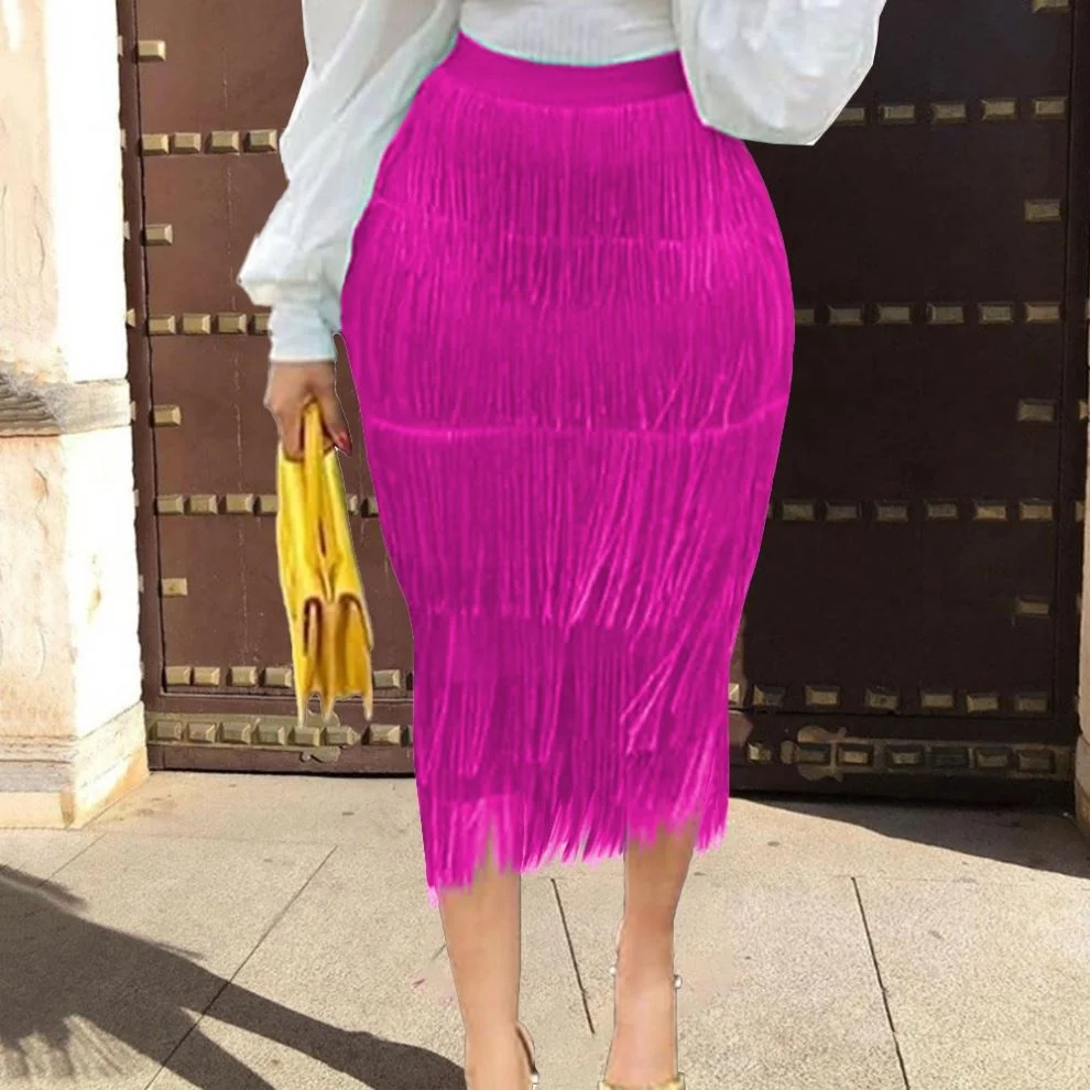 kc AM200303 Wholesale Custom Solid Office Ladies Skirts High Waist Stretch Tassel Womens Skirts Sexy Midi Fringe Skirt