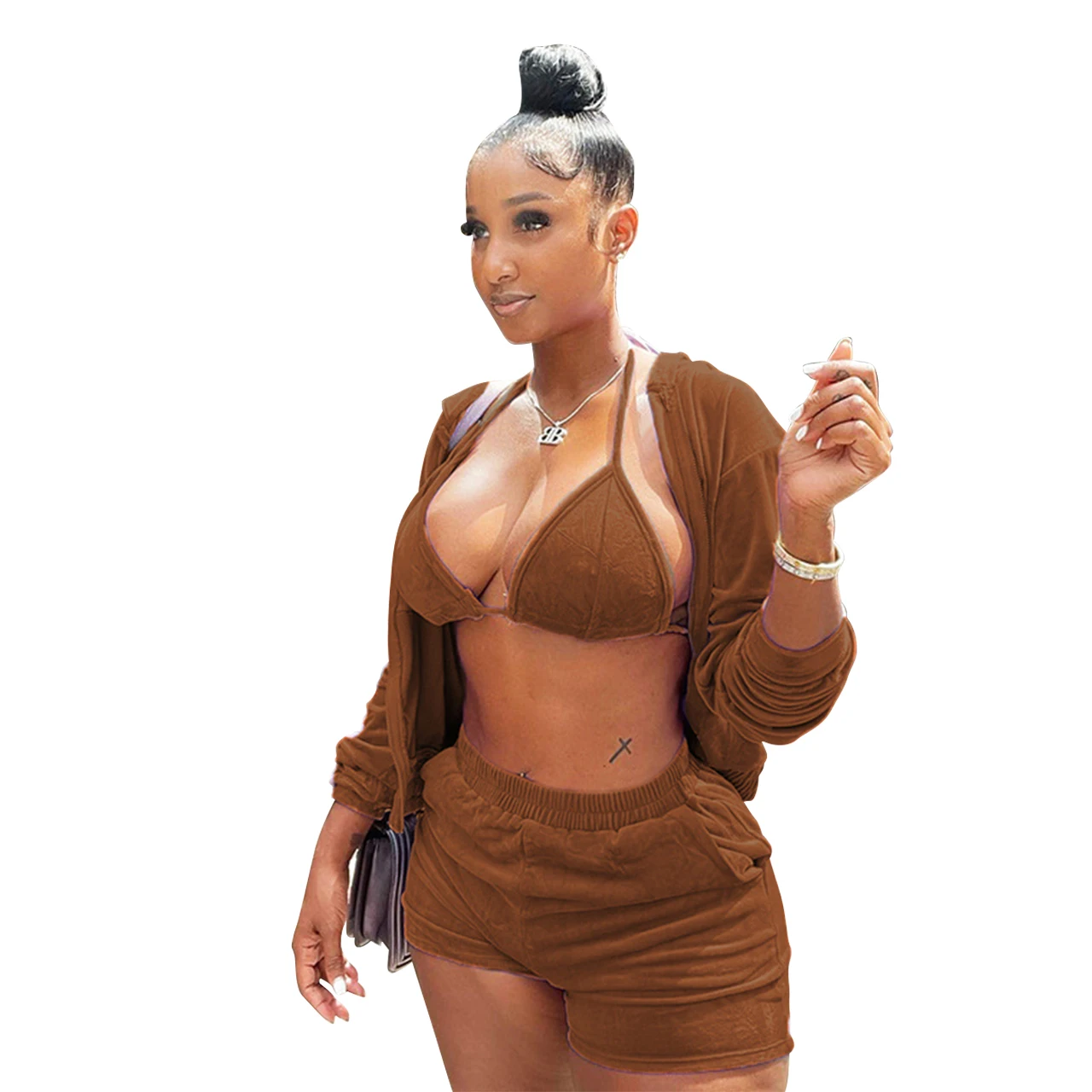 Amazon Hot Selling Velvet Velour Tracksuits Three Piece Workout Set Women Hooded Set