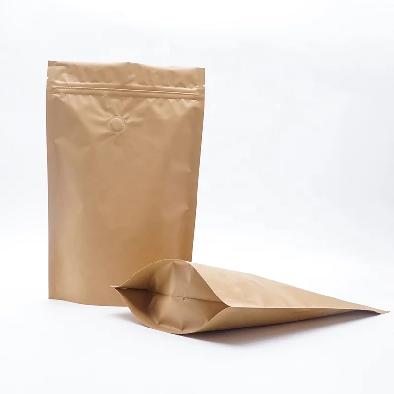 Natural Kraft Coffee Pouches Resealable Coffee Bag with Valve Flat Bottom Pull Tab Zipper Bags kraft paper coffee bag for sale