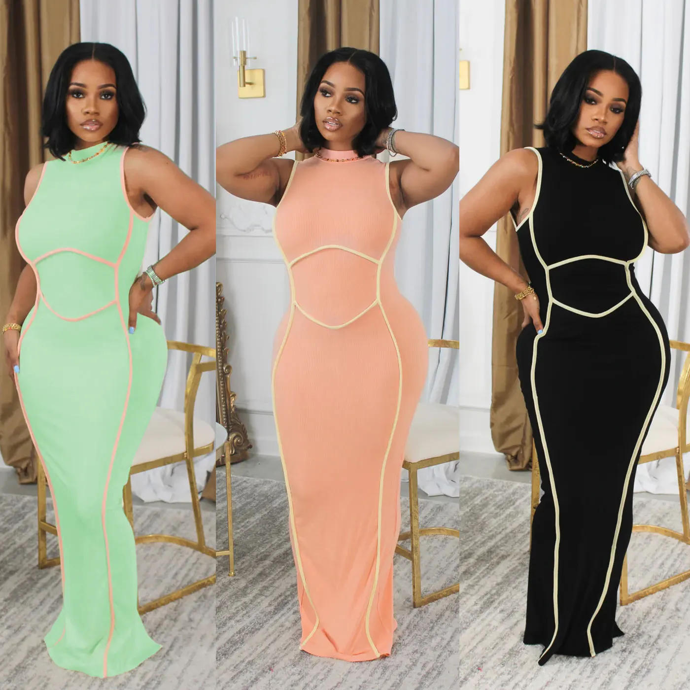 Fashion design summer stretch high collar sleeveless dress sheath bodycon dress long floor dress