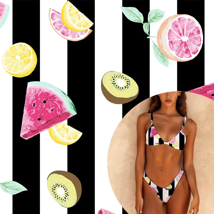 black stripe fruit print swimsuit nylon spandex optical white fabric
