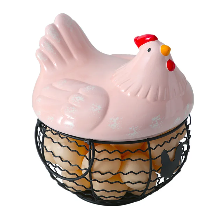 
Hot Sale Portable Lovely Ceramic Chicken With White Black Spots Metal Wire Egg Storage Basket For Kitchen Decoration 