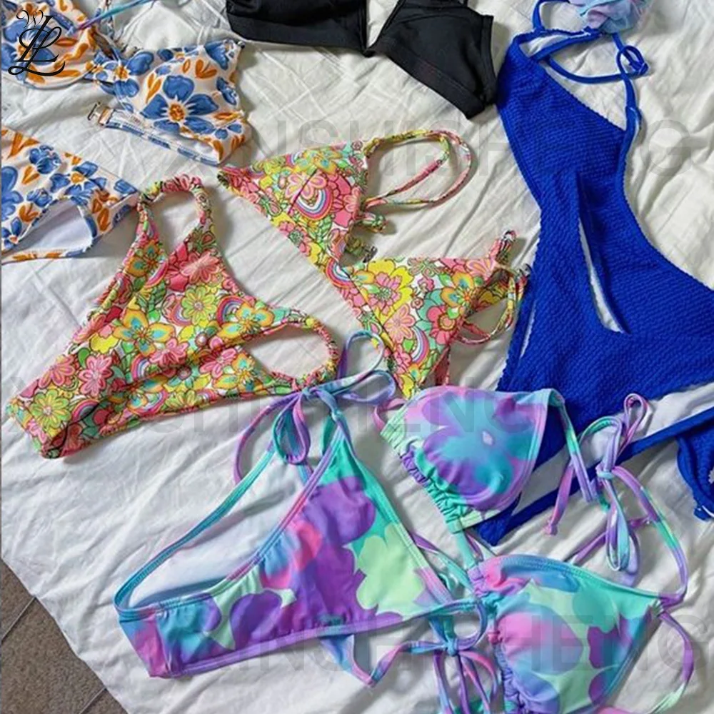 2024 Swimsuit Flower Printing Famous Brands Textured Stretchy Bandeau Bikini Custom Logo Swimwear Women Crinkle Rib Bikini