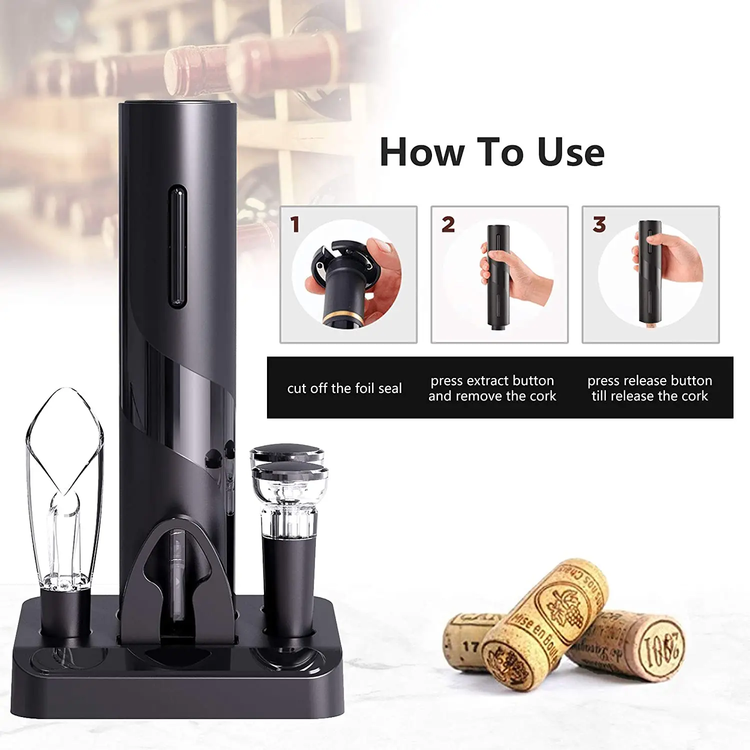 Electric Wine Opener 6-in-1 Sparkling Openers with Base Apribottiglie automatico Electric Wine Opener Bottle Opener