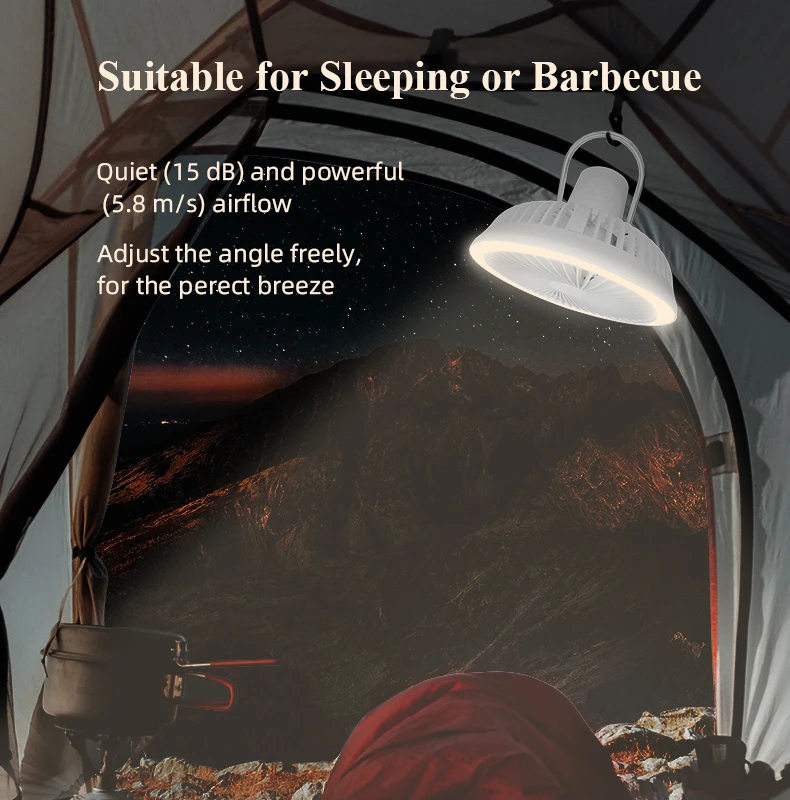 Newest Tent Camping Fan With Led Light Outdoor Rechargeable Personal Usb Portable Table Ceiling Fan