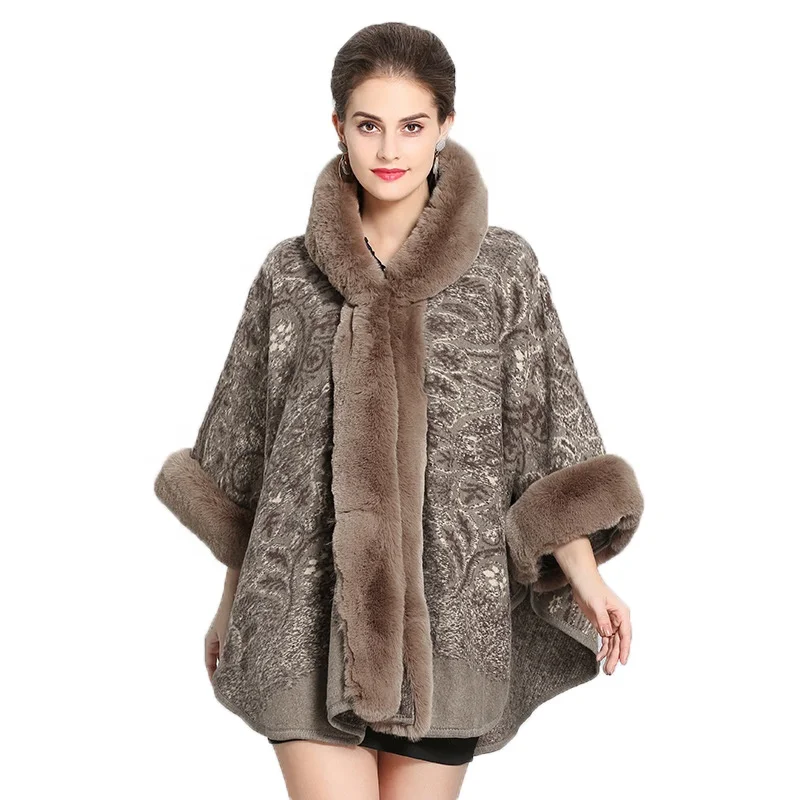 
Thick WarmFaux Rex Rabbit Fur Cape Coat Hooded Paisley Overcoat Imitated Cashmere Poncho Shawl For Women 