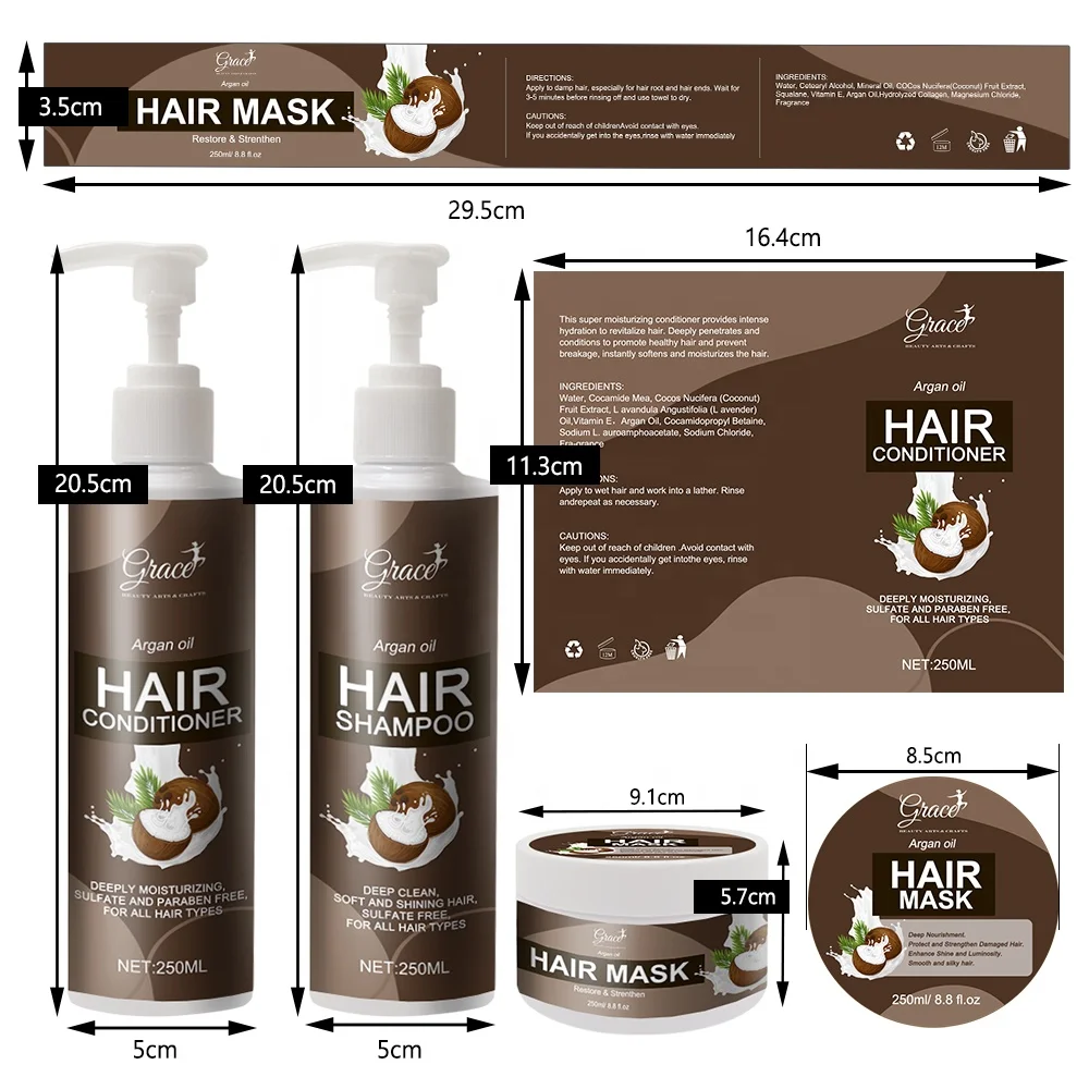 Private label Hair Smooth Silky Deep Nourish Strengthen Broken Hair coconut Argan Oil Wig Care Hair Masque Conditioner Shampoo