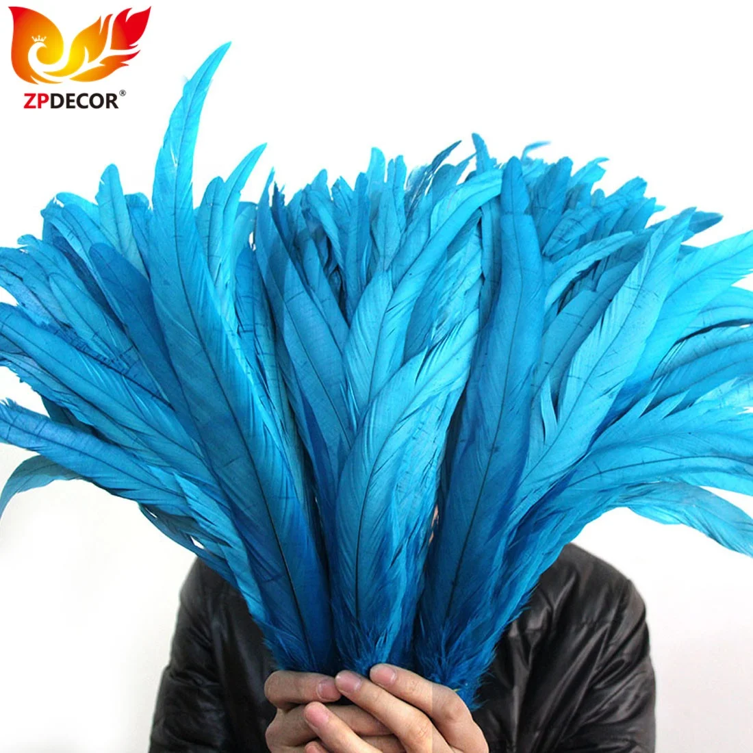 ZPDECOR Factory Wholesale Stock 35-40 cm Bleached Dyed Turquoise Coque Rooster Tail Feathers for Carnival Headdress