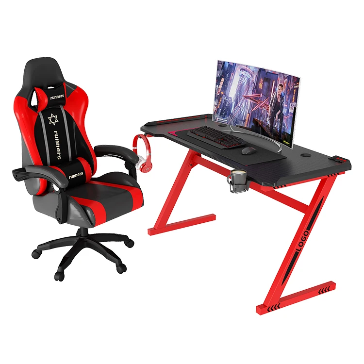 Factory Price Custom Led Light Black Game Computer Table Office Gaming Desk with Cup Holder
