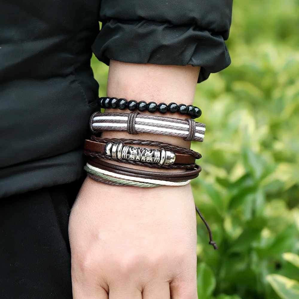 Wrap Bracelets Men Women Hemp Cords Wood Beads Ethnic Tribal Bracelets 4pcs set Fashion Multilayer Charm Brown Leather Bracelet