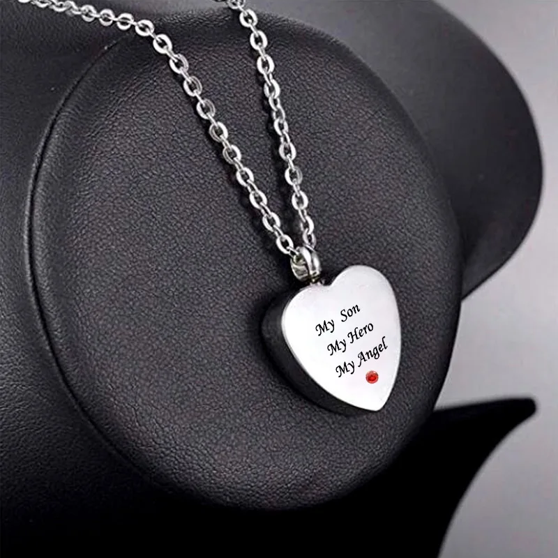My Son My Hero My Angel Heart Urn Necklace for Ashes - Cremation Jewelry Memorial Keepsake Pendant - Funnel Kit Included