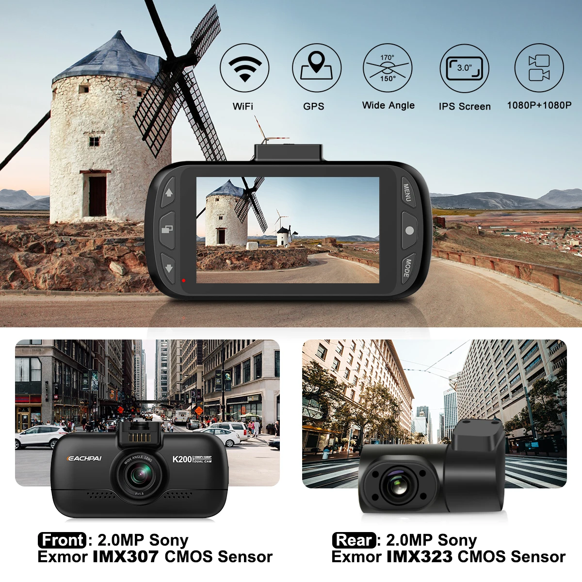  Видеорегистратор EACHPAI K200 1080P Wi-Fi GPS