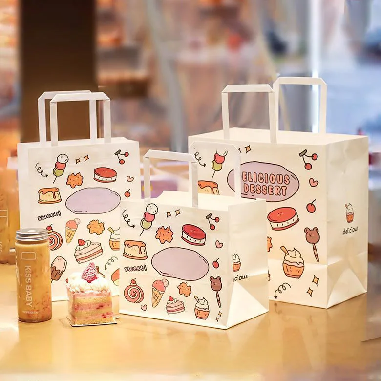 Recycled Restaurant bakery Food Takeaway white brown kraft paper bag food shopping bag custom gift bags with twisted handles