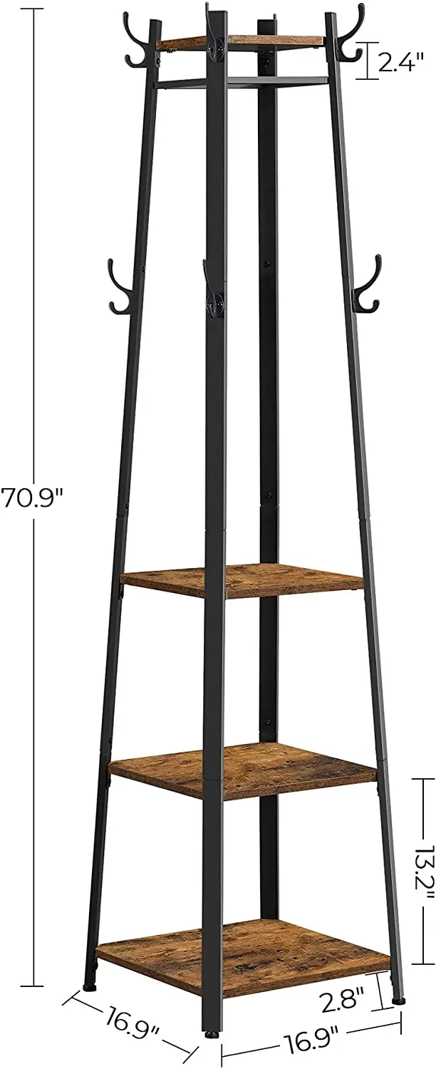 Coat Rack, Coat Stand with 3 Shelves, Hall Trees Free Standing with Hooks