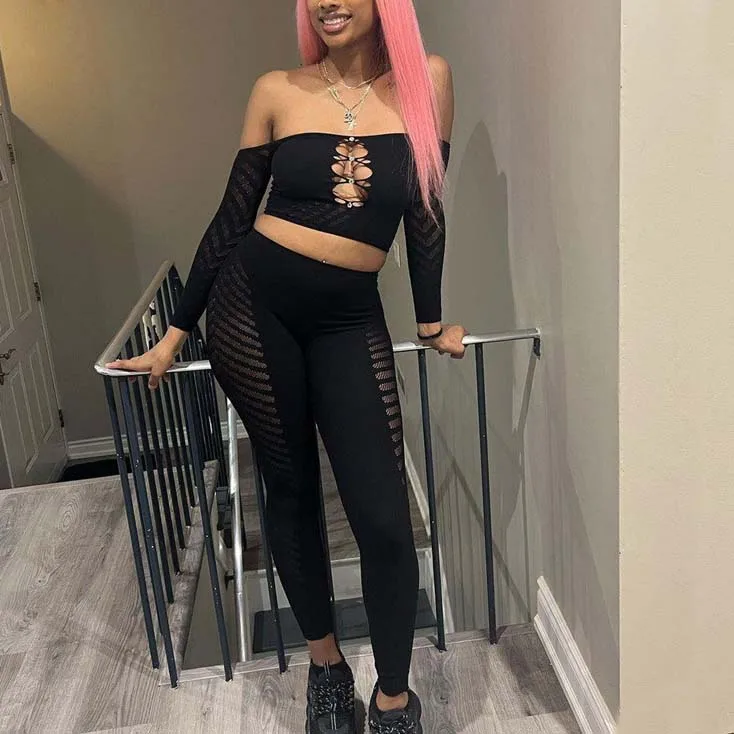 FS11572D Casual Women Long Sleeve Hollow Out Tops and Mesh Jogging Pants 2 Piece Sets