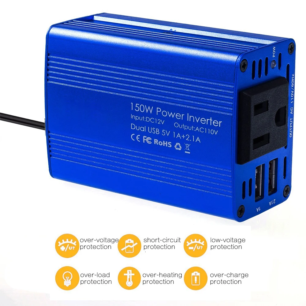 150W Power Inverter DC 12V to 220V AC Mini Car Inverter with 4.2A Double USB Car Adapter