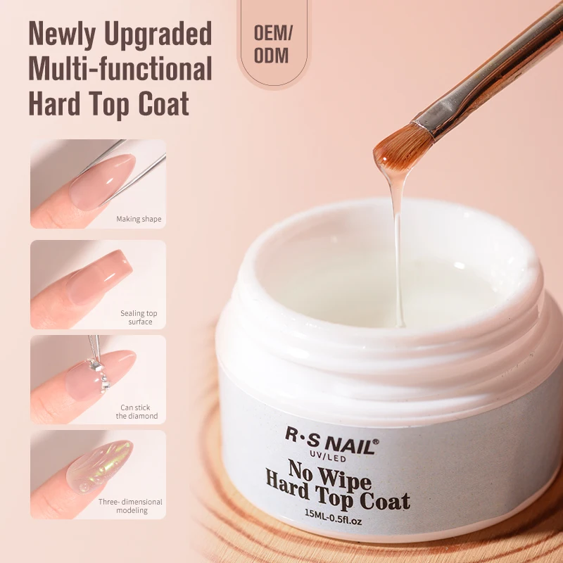 R S Nail Custom Logo 15ml  No Wipe Hard Top Coat Jar High Quality Long Lasting  Varnish Nail Uv Gel Top Coat Adhesive Nail Glue