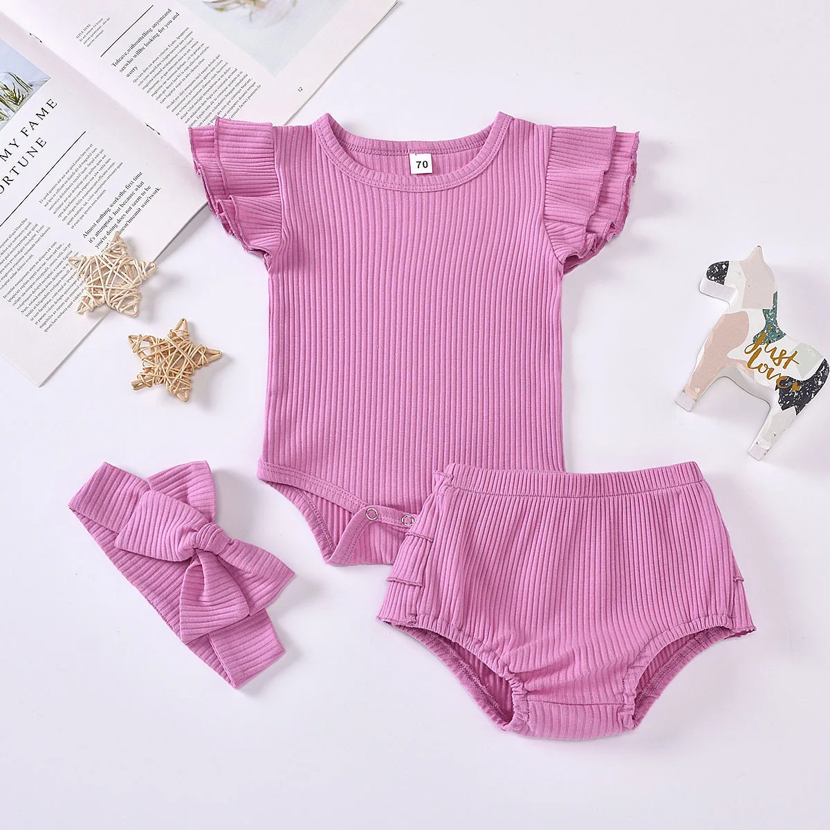 Children Summer Kids Clothing Flutter Sleeve Cotton Tank Top Infant Toddler Baby Clothes Sets Girls 3 pcs Rib Outfit Cloth Set
