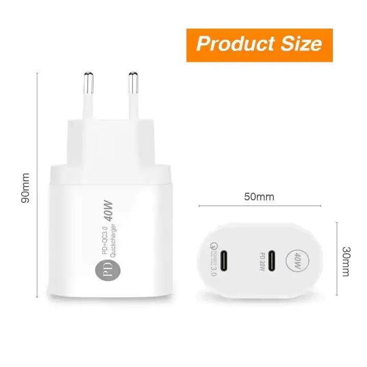 40W Dual Type C Charger Type C Fast Charging Universal Travel Adapter Mobile Phone Charger for iPhone Quick Charge