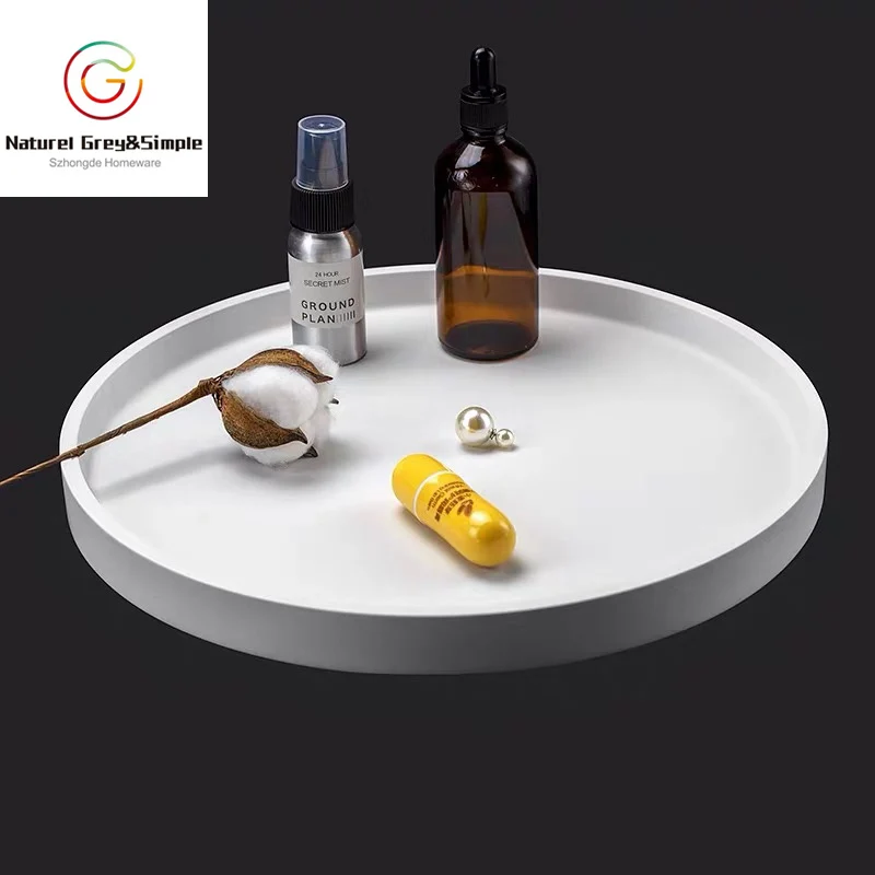 Natural Stone Matt Light Gray Concrete Cement Circle Round Platter Serving Tray