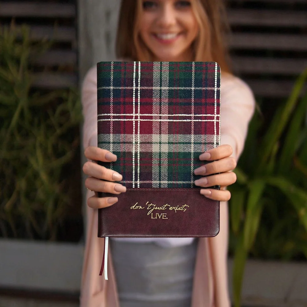 Personalized Printed Logo School Planner Custom Cloth Plaid Fabric PU Leather Journal A4 A5 A6 Hardcover Scotland Style Notebook