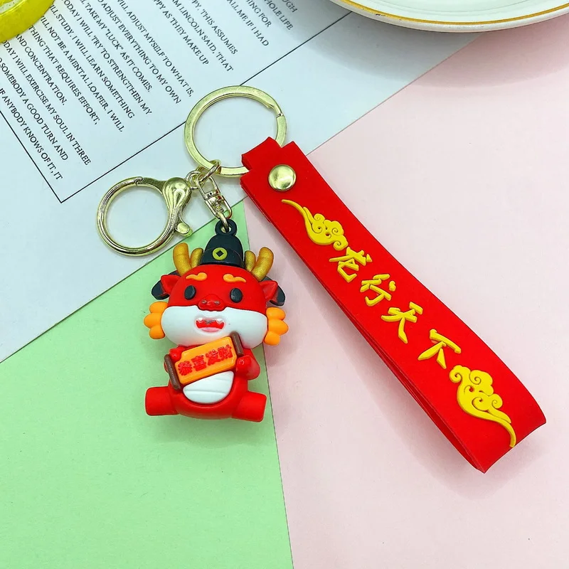 Cute Red Cartoon Dragon Key Chains Resin Women Kids Happy New Year Silicone Key Ring Bag Phone Hanging Accessories Festival Gift