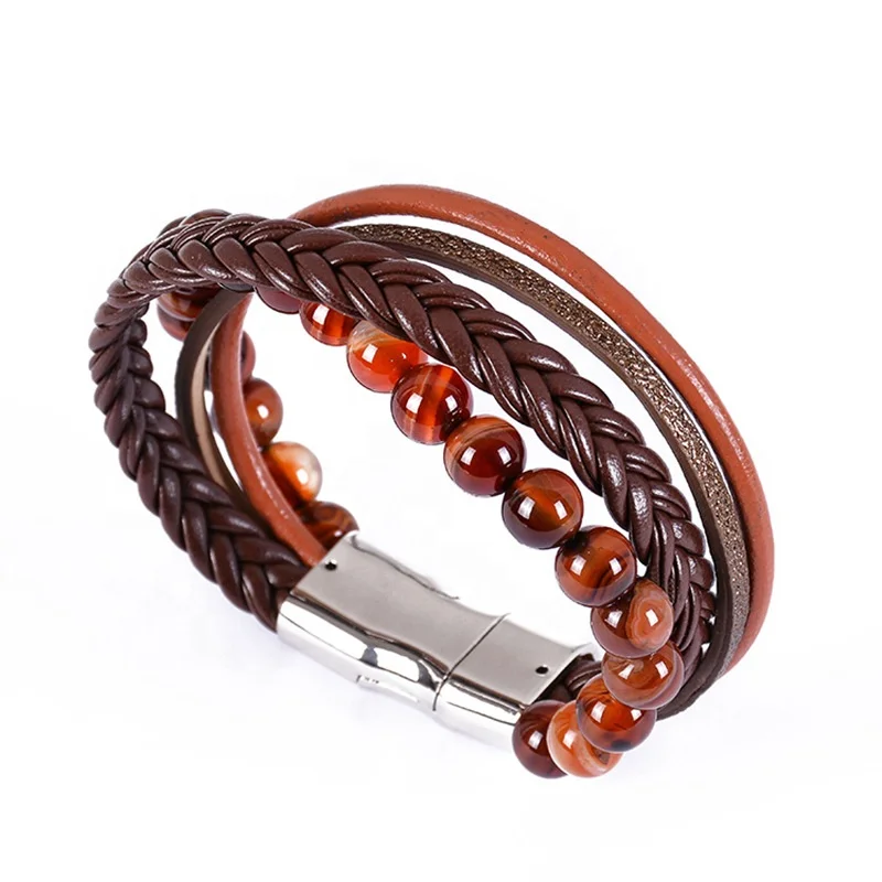 Wholesale designs with natural tiger eye stone  handmade beads multilayer stainless steel magnet buckle leather bracelet