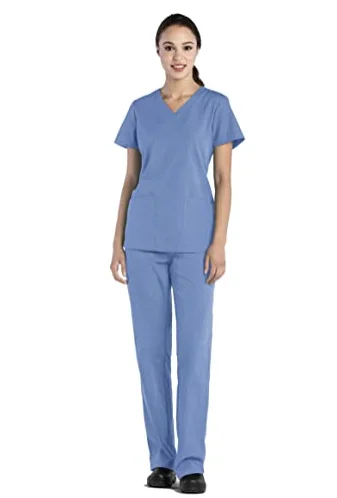 Green Women Scrub Uniforms Set V-Neck Shirt And Full Elastic Multi Pocket Cargo Pants