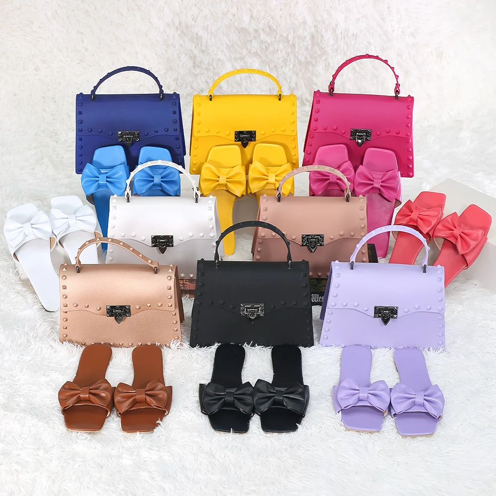 Wholesale Low Price Multi-Color Shoe Bag Fashion Popular Women Handbags Purse And Bow Flat Sandals Set