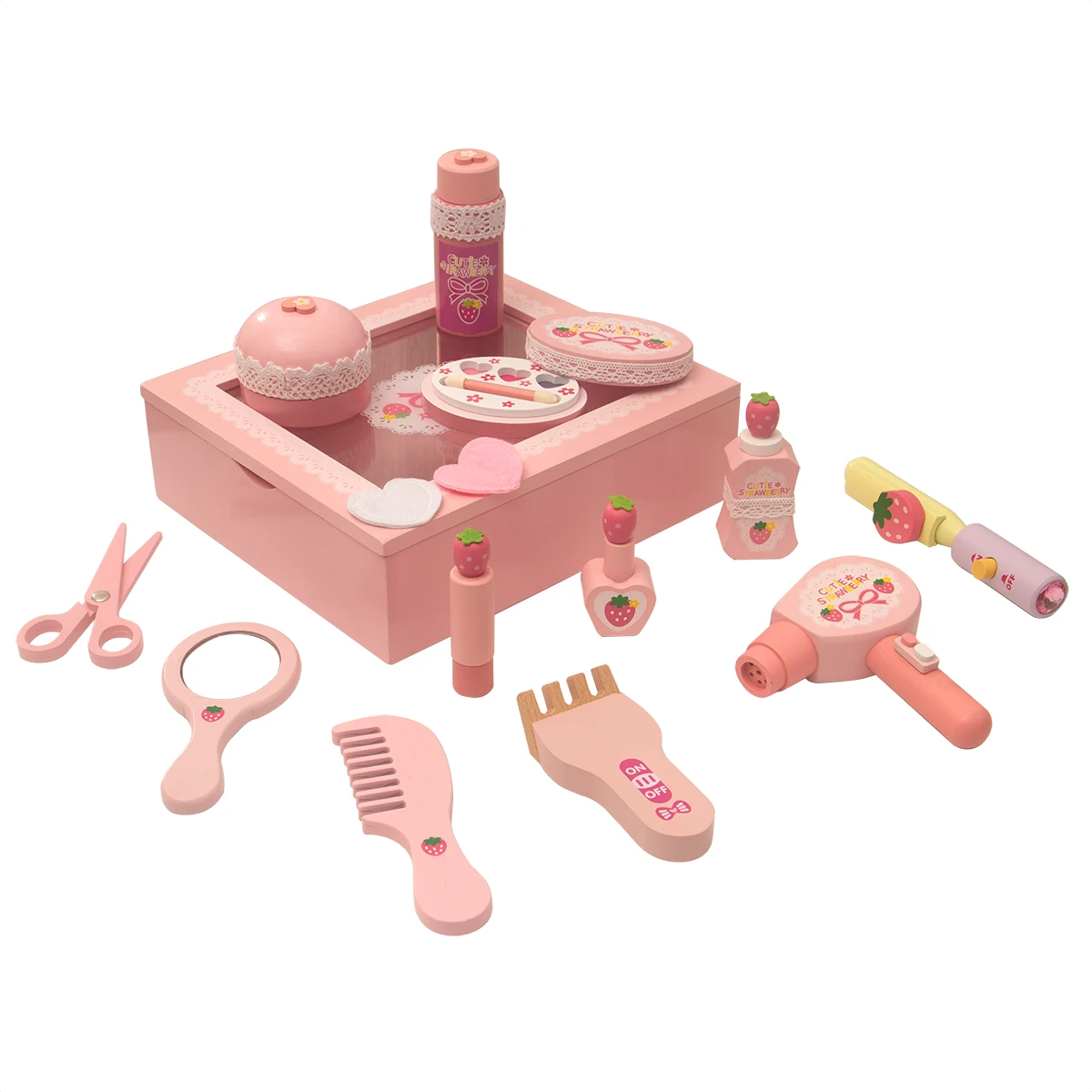 Pink wooden beauty salon pretend game set girls learn makeup gifts with preschool toys