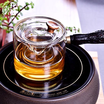 simple travel glass tea set with tea cups elegant teapot Wood side glass teapot