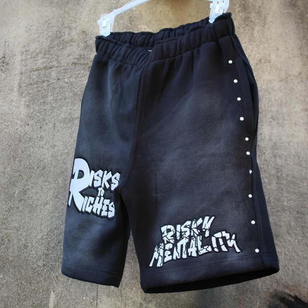 Men Cotton Acid Wash Shorts Custom Puff Printed Black Stone Wash French Terry Rhinestones Sunfade Acid Washing Shorts