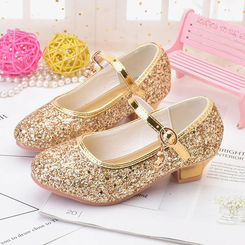 Bling kids rhinestone casual shoes fashion school performance heels pumps girls sequins Princess shoes