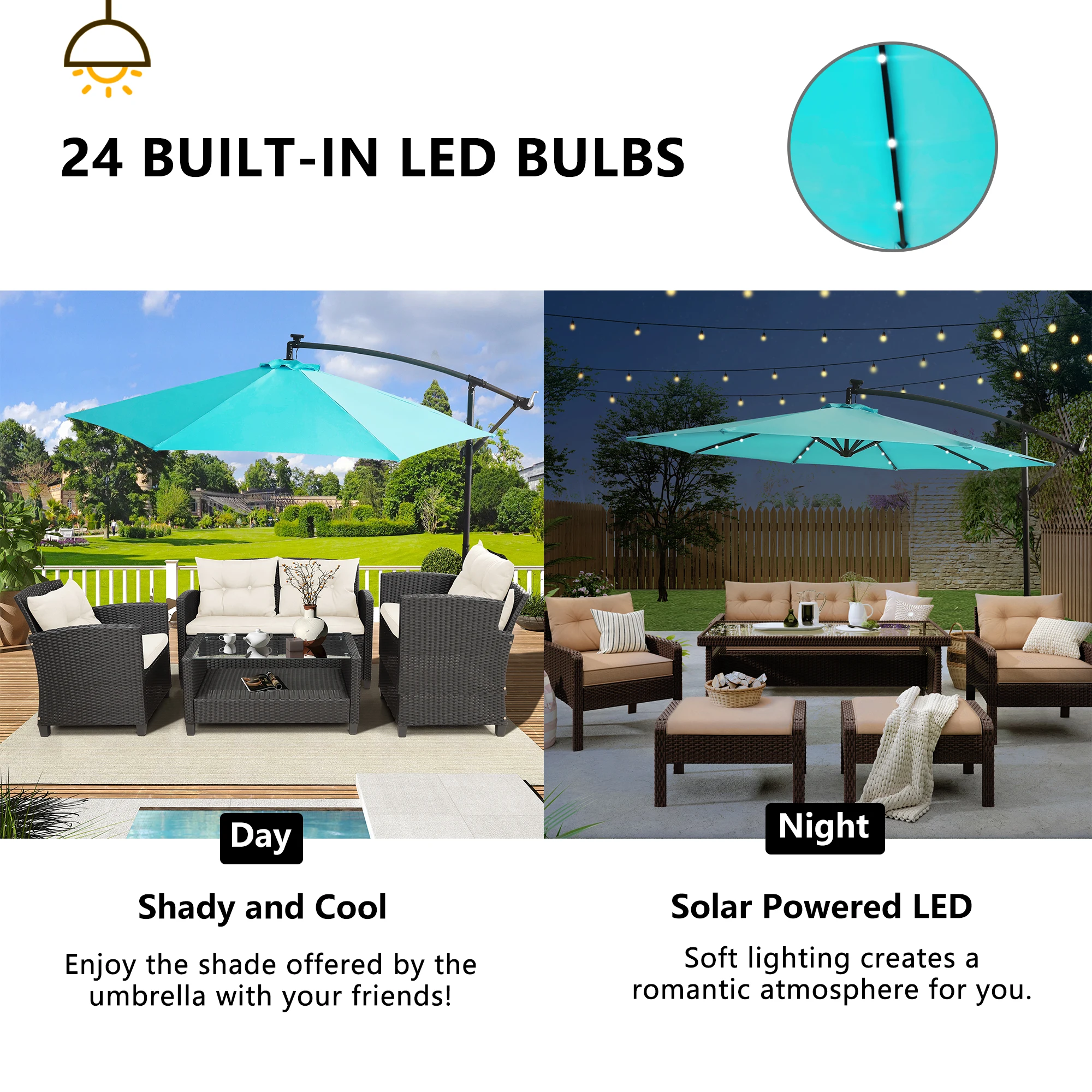 10FT Patio Offset Lighted Hanging Cantilever Umbrella for Backyard,Poolside, Garden and Lawn, Blue