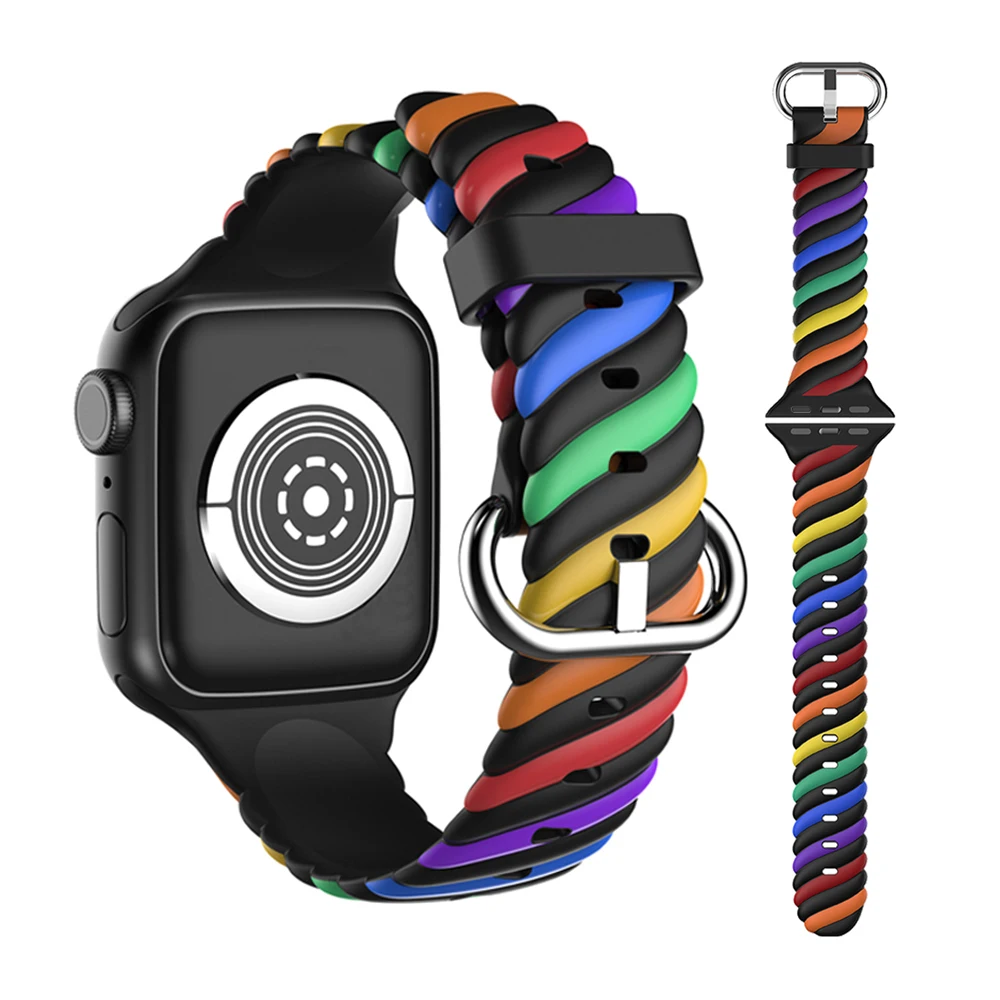 Ремешок резиновый для iWatch 7 спортивный силиконовый браслет с радужной жидкостной печатью Apple 38/40/41 мм