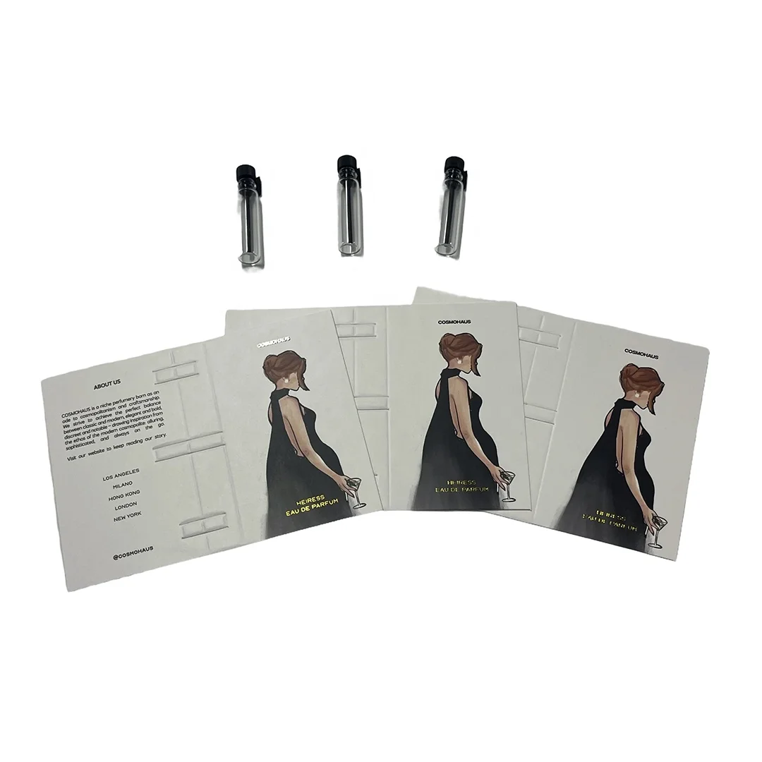 Custom business brand logo printed cosmetic perfume sample card 1ml 2 ml spray bottle perfume paper card