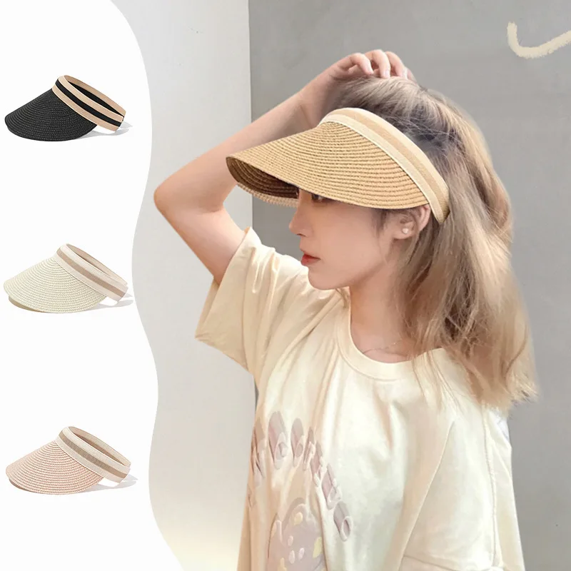 2022 Straw Sun Hat Visor Khaki Straw Hat Wide Brim Sunhat Women Sun Beach Visor Hat