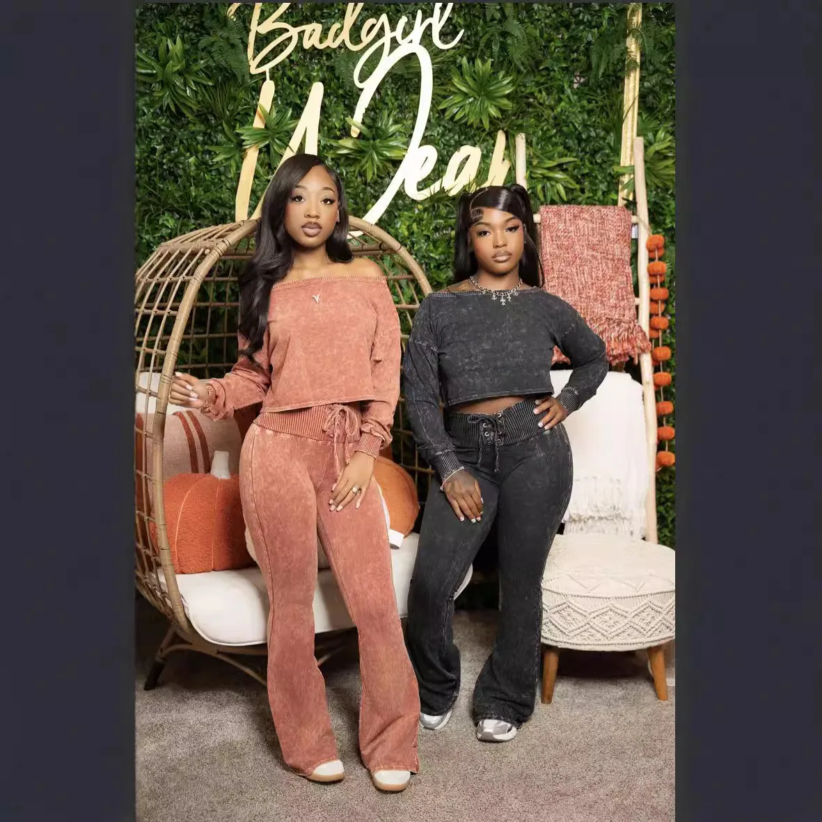 OJW6285C 2024 autumn women vintage Loose casual short-sleeved sweatshirt + drawstring wide-leg pants two-piece set