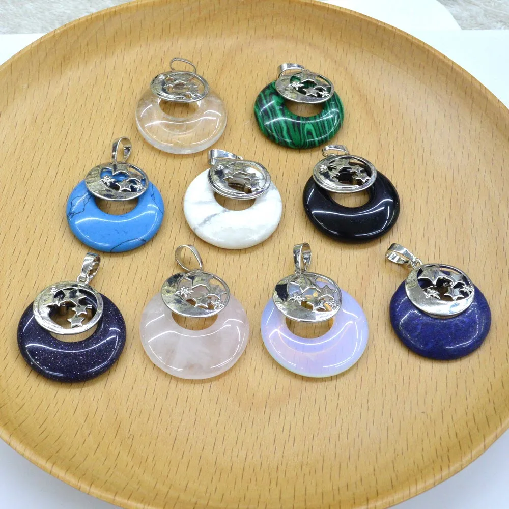 Natural Stone Donut Healing Crystal Amulet Stars Pendants Lucky Gemstone Crystal DIY Charm Meditation Reiki Stone Jewelry