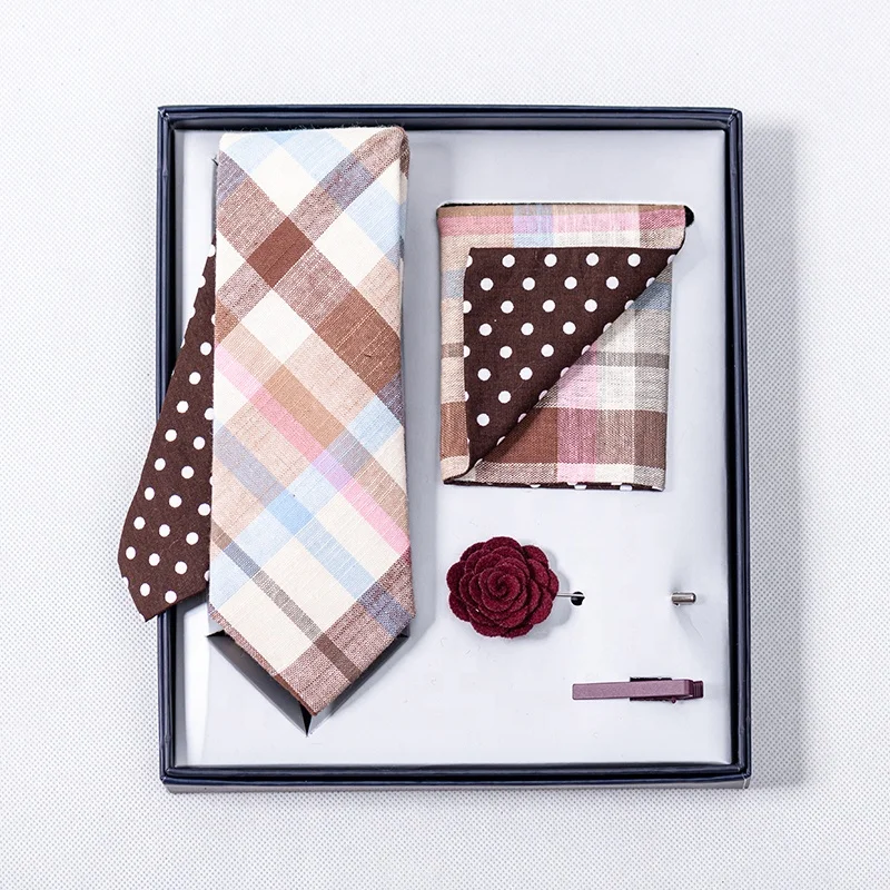 Custom Mens Toffee Plaid With Sky Blue Necktie Bowtie Pocket Square Sets Wedding Tie Gift Box Set