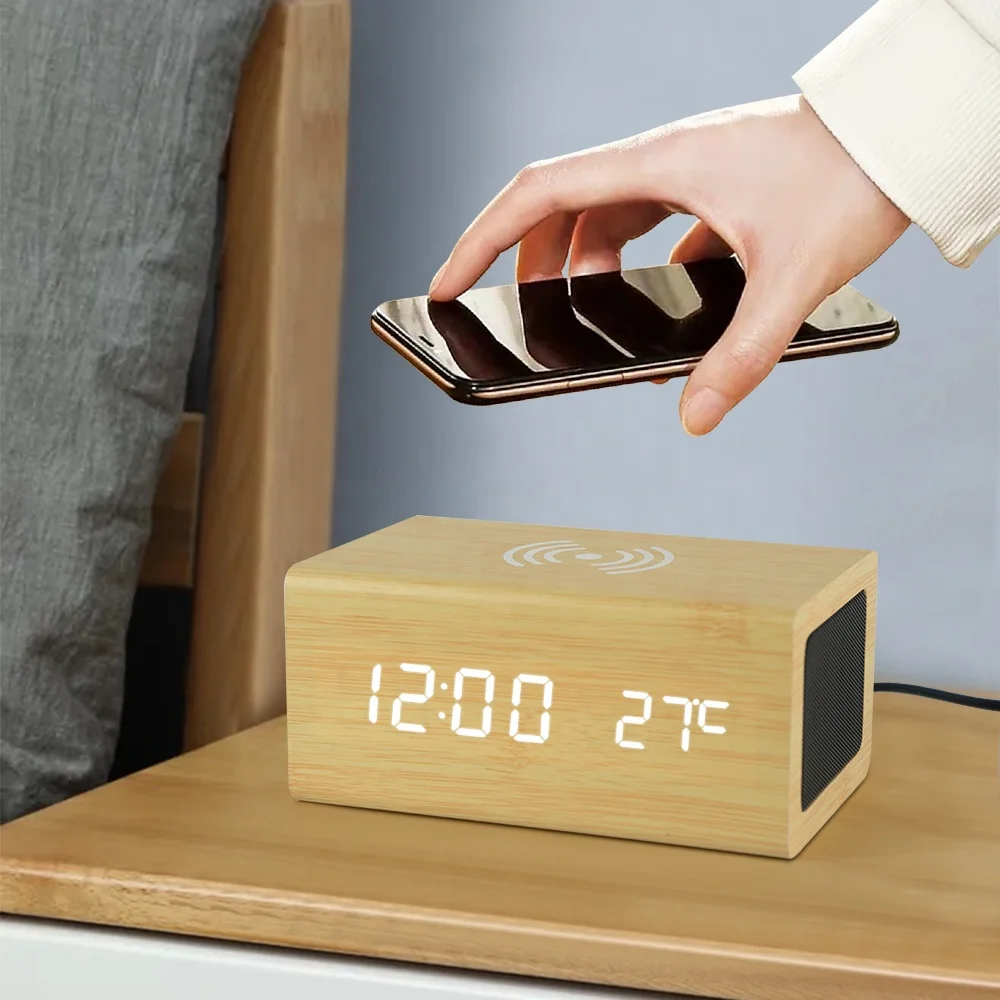 Wireless Phone Charger Wood LED Time Alarm Clock with Speaker
