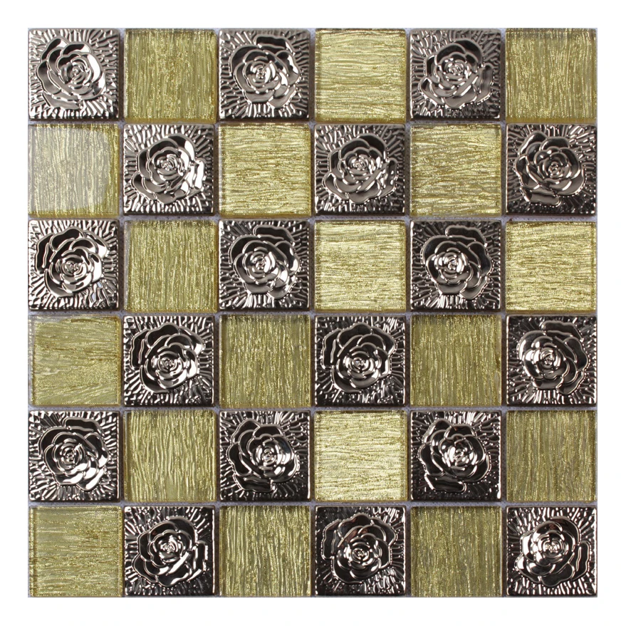 Metallic Backsplash Tile Back of Porcelain Stainless Steel Sheet and Crystal Glass Mosaic Wall Decor