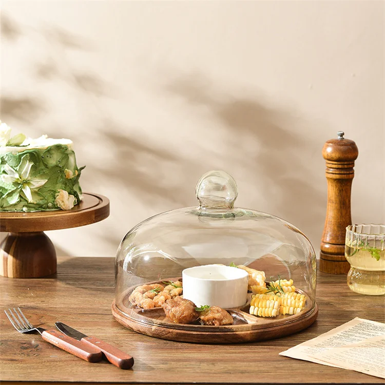 Harmony Bohemian Wooden Cake Pan with Cover Bread Fruit Serving Plate for Restaurant Cafe Bake Shop Display Cake Dome Stand Tray