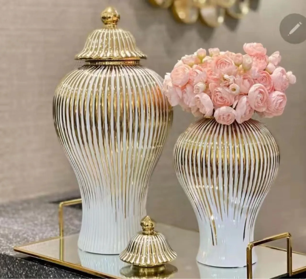 MU Wholesale Custom White and Gold Striped Home Decorative  Large Tall Big Floor Ceramic Ginger Jar Vase for Flower popular