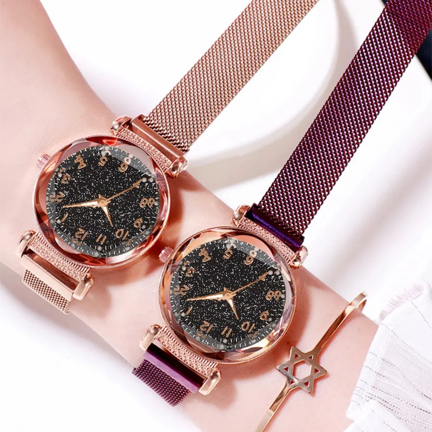 
Fashion Women Watches Luminous Luxury Elegant Magnet Buckle Ladies Wristwatch Rose Gold New Starry Sky Rhinestone Clock Relogio 