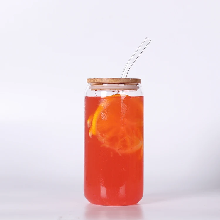 Wholesale High Borosilicate beer glass can cup with bamboo lid and straw
