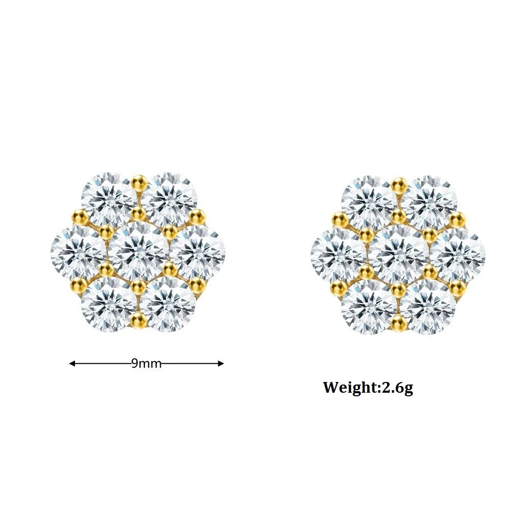 Кластера цветок дизайн унисекс Муассанит серьги для мужчин в стиле хип-хоп, 925 стерлингового серебра Муассанит серьги-гвоздики для женщин