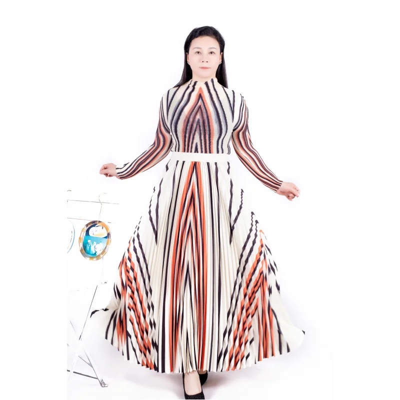 Плиссированная одежда Tianbao Miyake оптовая продажа осенняя Новинка полосатая плиссированная футболка с длинным рукавом свободная юбка